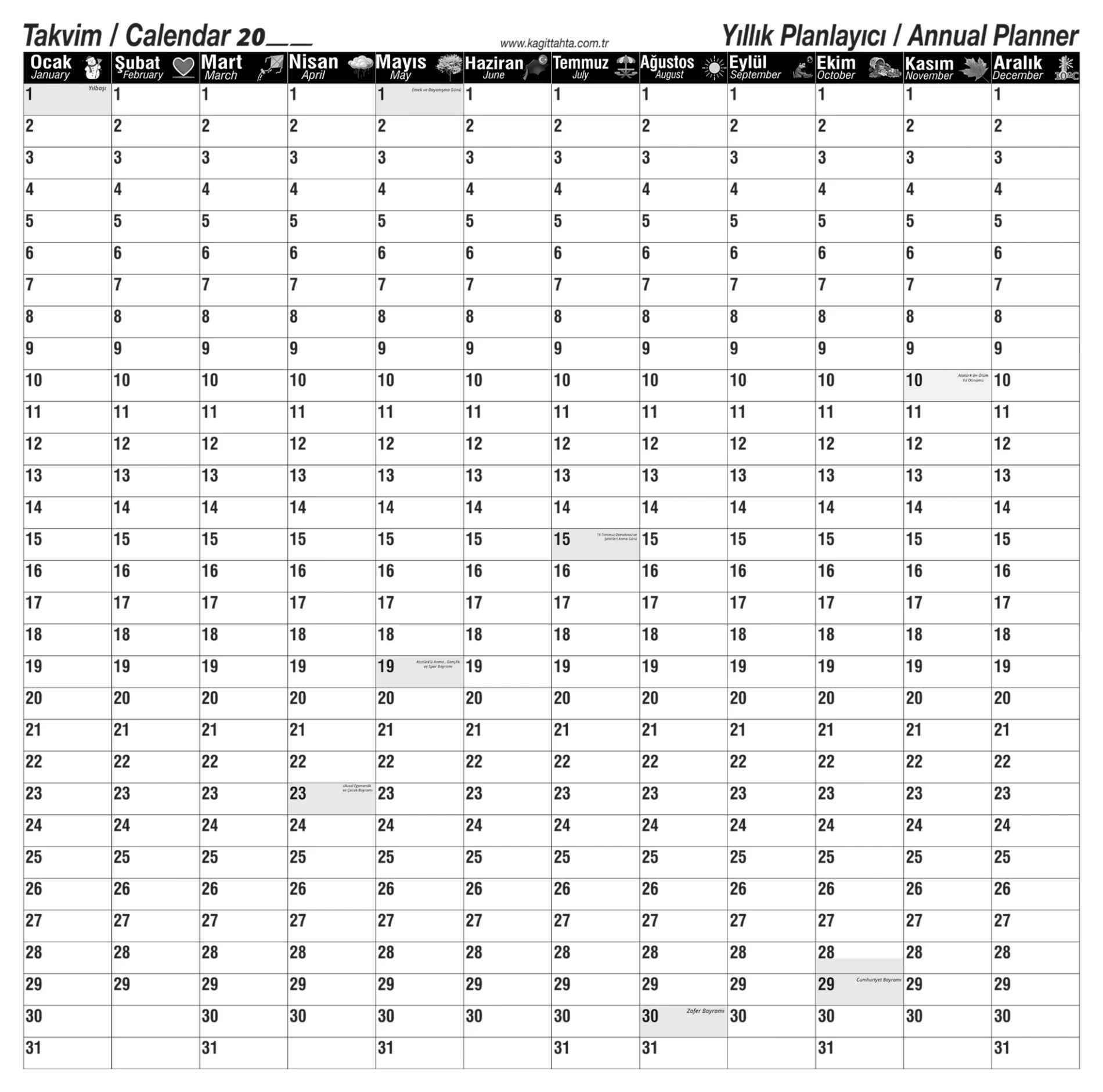 Statik Kağıt Yıllık Takvim Planlayıcı 