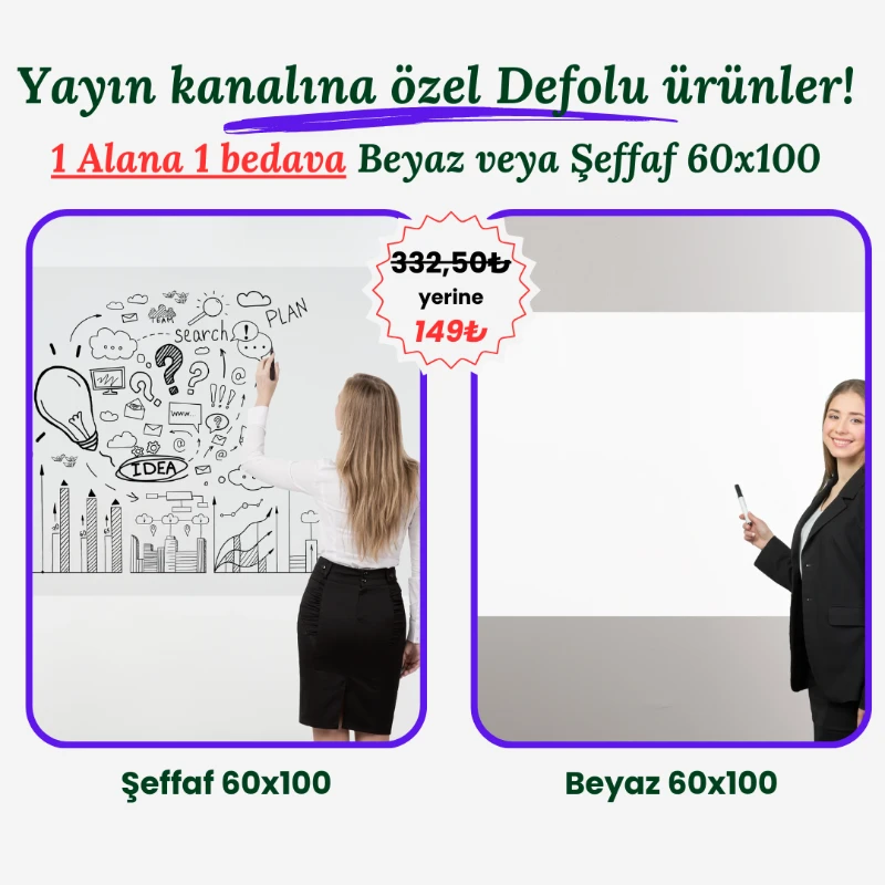 Yayın Kanalına Özel Defolu 1 Alana 1 Bedava Beyaz - Şeffaf  (60x100)