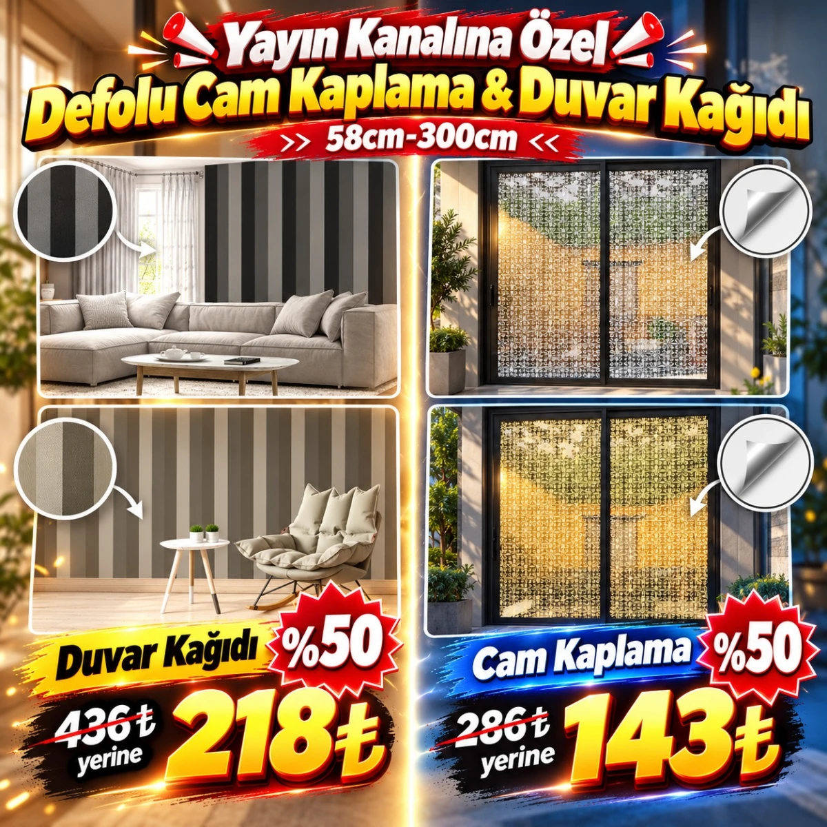 Yayın Kanalına Özel Defolu Cam Kaplama - Duvar Kağıdı ( 58 CM x 300 CM )