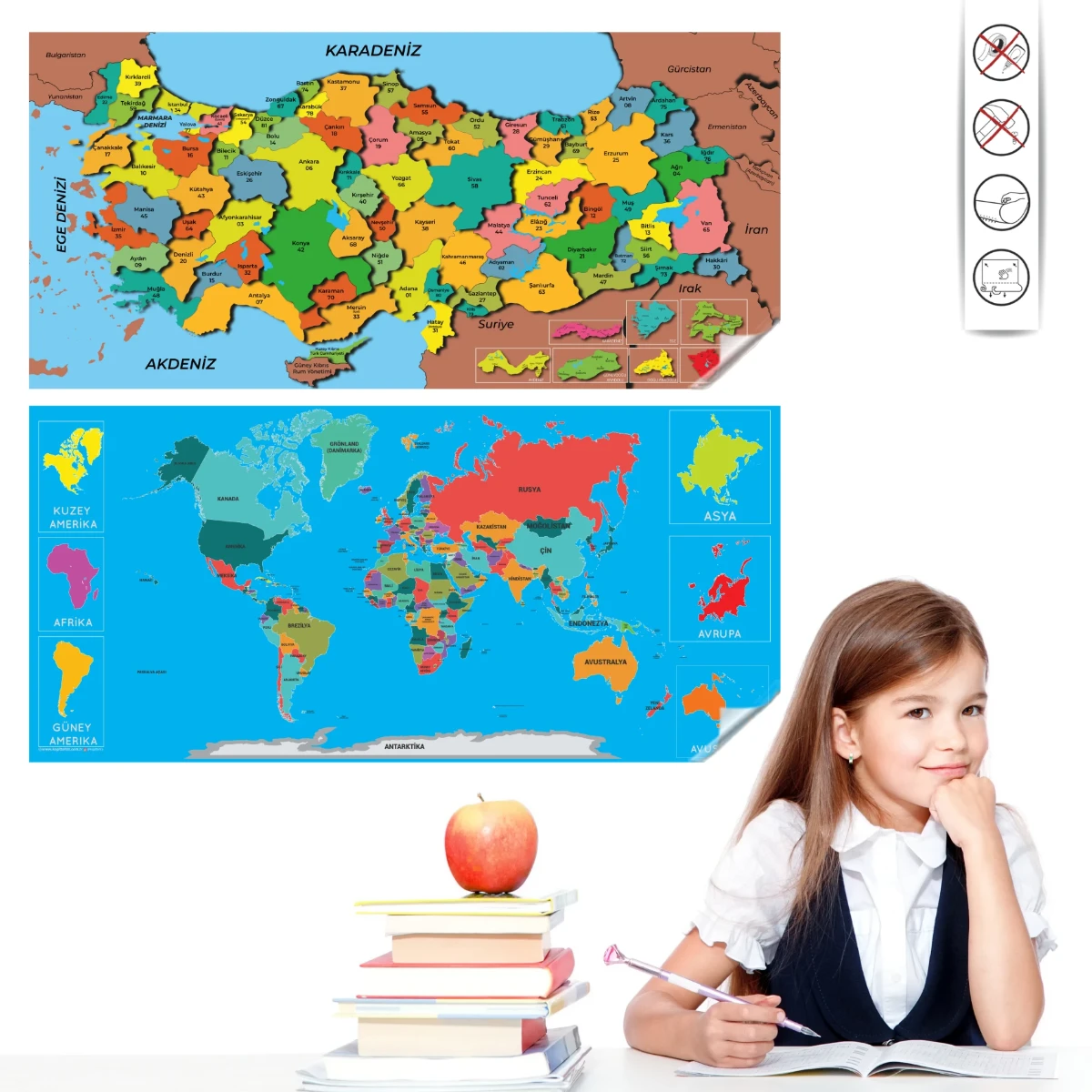 Statik Kağıt Renkli Türkiye Dünya Haritası Set