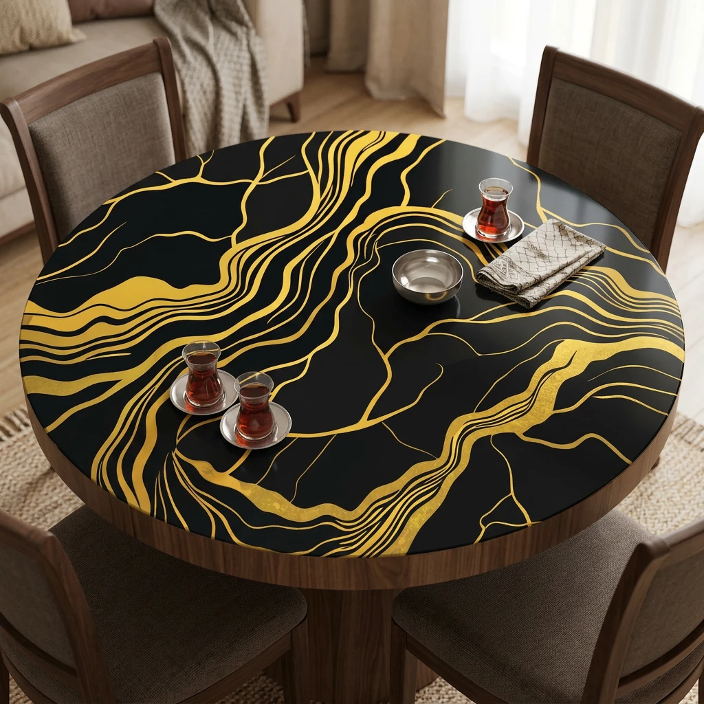 Yapışkanlı Desenli Yuvarlak Masa - Sehpa Kaplama (Model- 8)