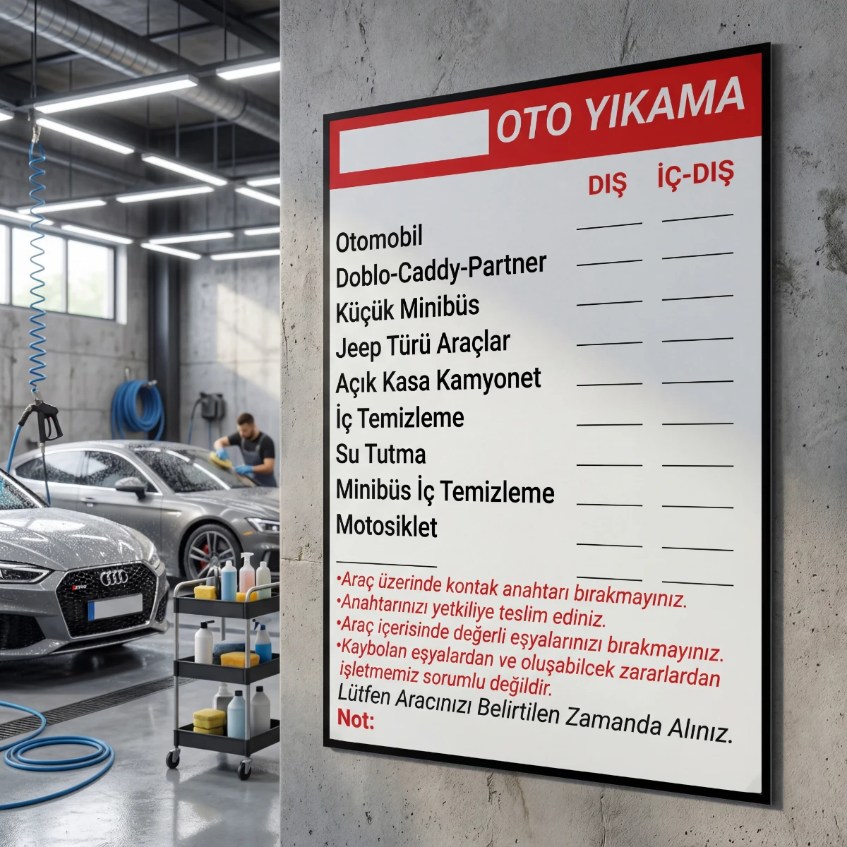 Yapışkanlı Oto Yıkama Fiyat Listesi  (Model- 25)