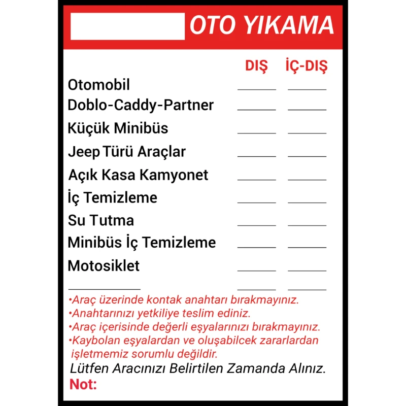 Yapışkanlı Oto Yıkama Fiyat Listesi  (Model- 25)