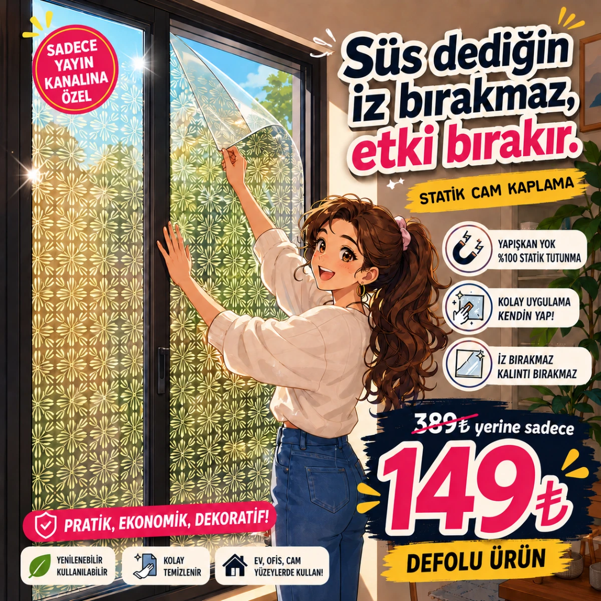 Yayın Kanalına Özel Defolu Sarı Dantel Desen Cam Kaplama