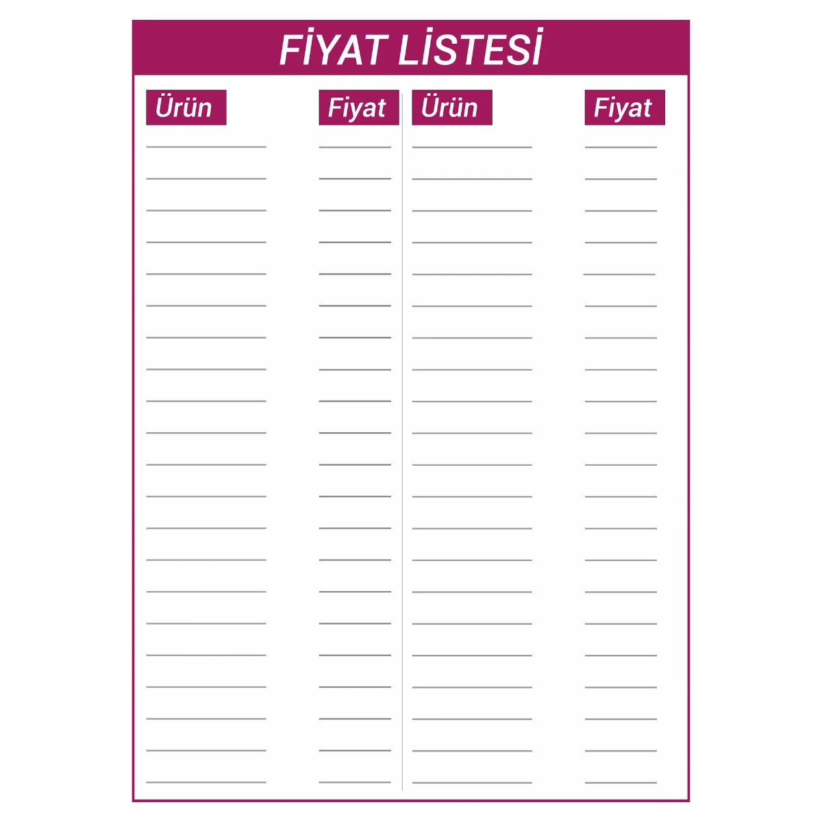 Yapışkanlı Fiyat Listesi  (Model- 26) 