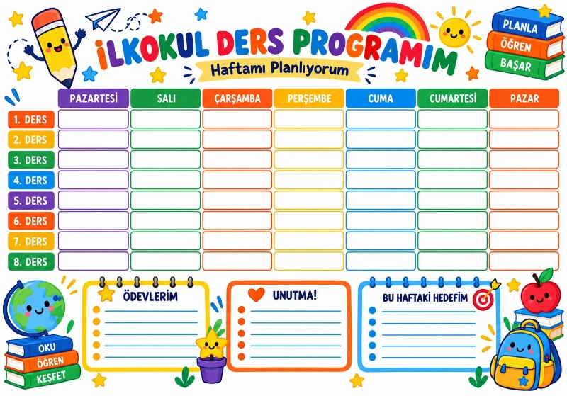 Statik Kağıt ilkokul Haftalık Ders Programı (Model -5)